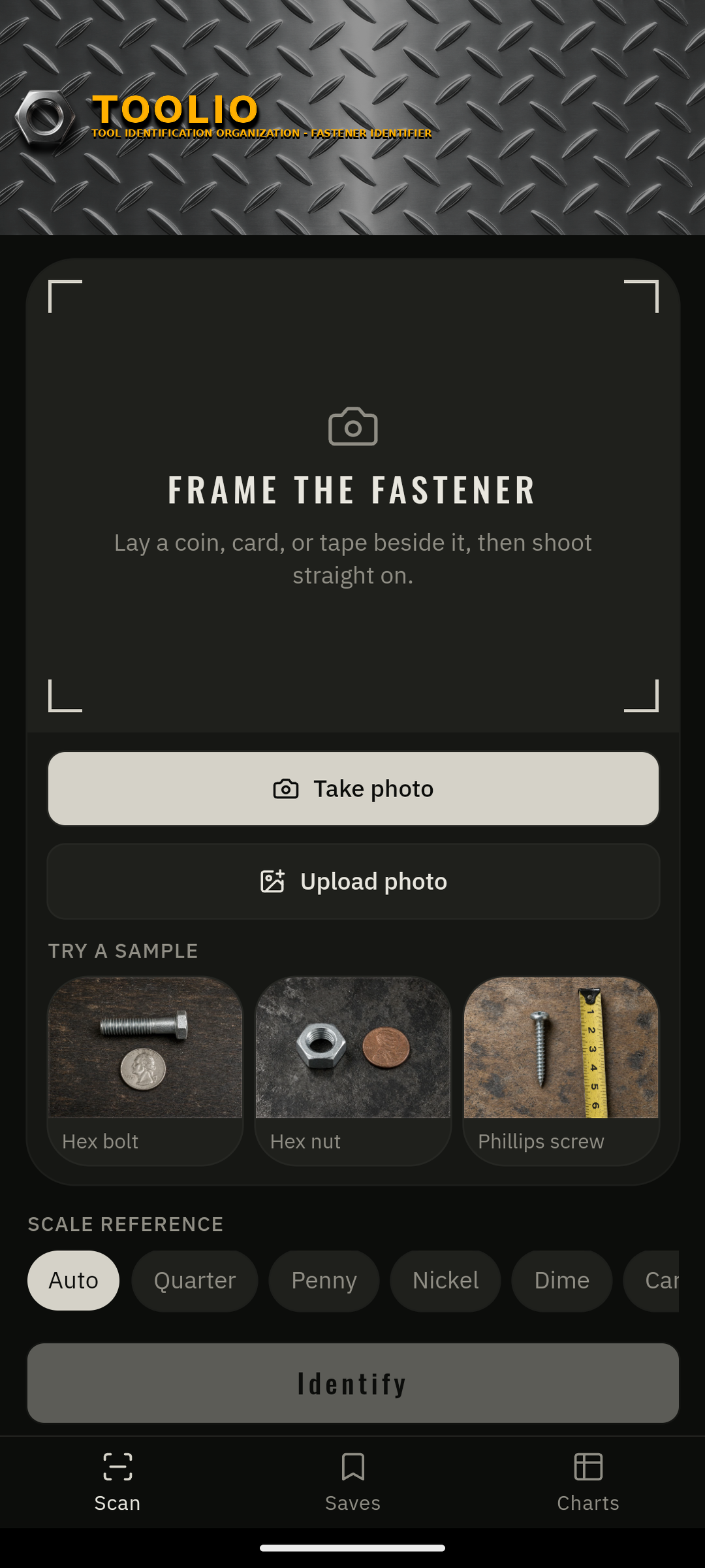 Screenshot of the TOOLIO app home: orange TOOLIO title on steel plate, Identify, Samples, Charts